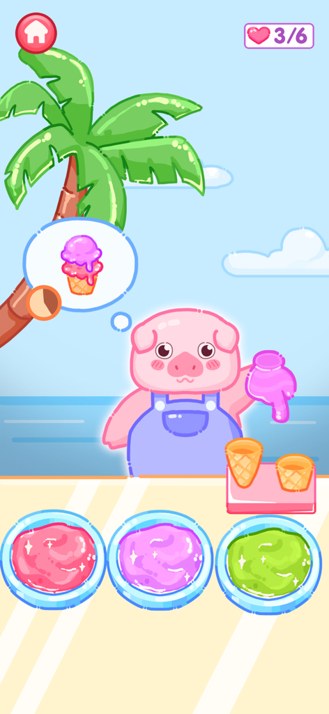 Cakeland: Mukbang ASMR - 귀여운 돼지 캐릭터가 Cakeland 먹방 ASMR 게임의 해변 가판대에서 아이스크림을 주문하는 모습