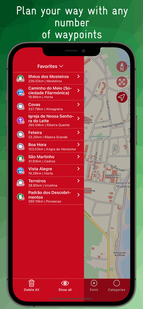 Interfaz del Mapa Offline de Azores que muestra una lista de puntos de referencia favoritos y una vista de mapa
