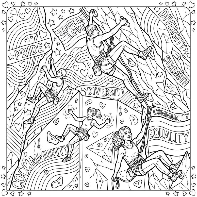 Embrace the spirit of Pride Month with this exhilarating coloring page designed for teens. Watch as climbers ascend, surrounded by inspiring words like 'Diversity,' 'Strength,' and 'Community,' ready for your vibrant touch.