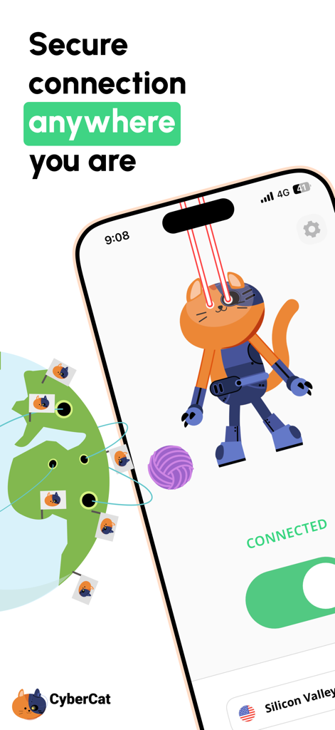 CyberCat VPN app interface on an iPhone showing a connected status with a cyber cat character and global map background
