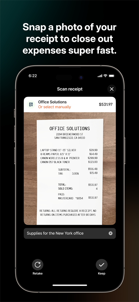 Brex - A smartphone using the Brex app to scan a paper receipt for an office supplies purchase