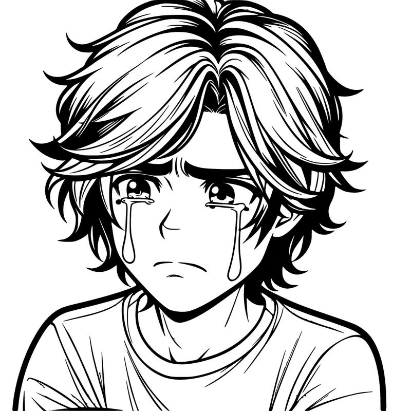 realistic teenage guy with long ish hair holding him self teary eyed starting at the ground