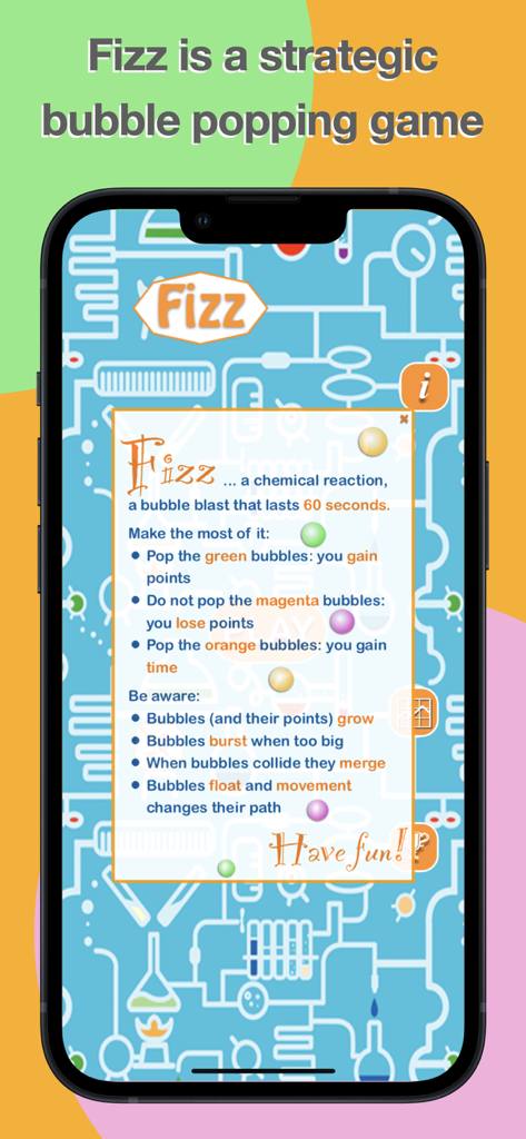 Fizz - Fizz mobile game instructions screen explaining bubble types and scoring rules over a light blue chemistry lab themed background.