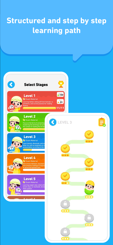 Screenshot of the Iqro app showing structured learning levels and a step-by-step progress path for kids.