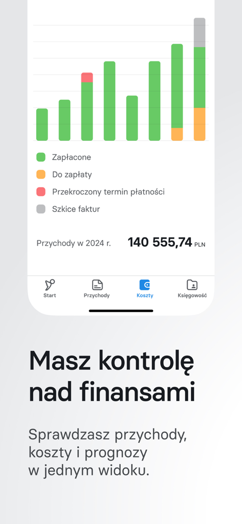 inFakt — KSeF Faktury Księgowi - Mobile screen of the inFakt app showing a financial bar chart and annual revenue summary in Polish