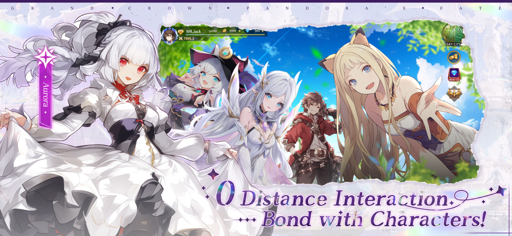 Promotional artwork for Grand Crown Pandora's Fate showing anime characters and text about bonding with them