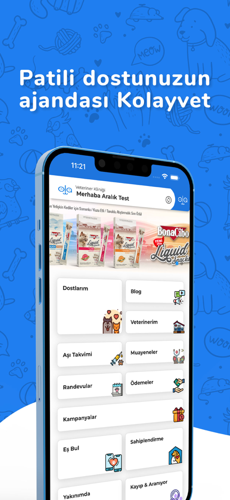 Kolayvet - Kolayvet mobile app interface showing pet management features like vaccination schedule and appointments in Turkish