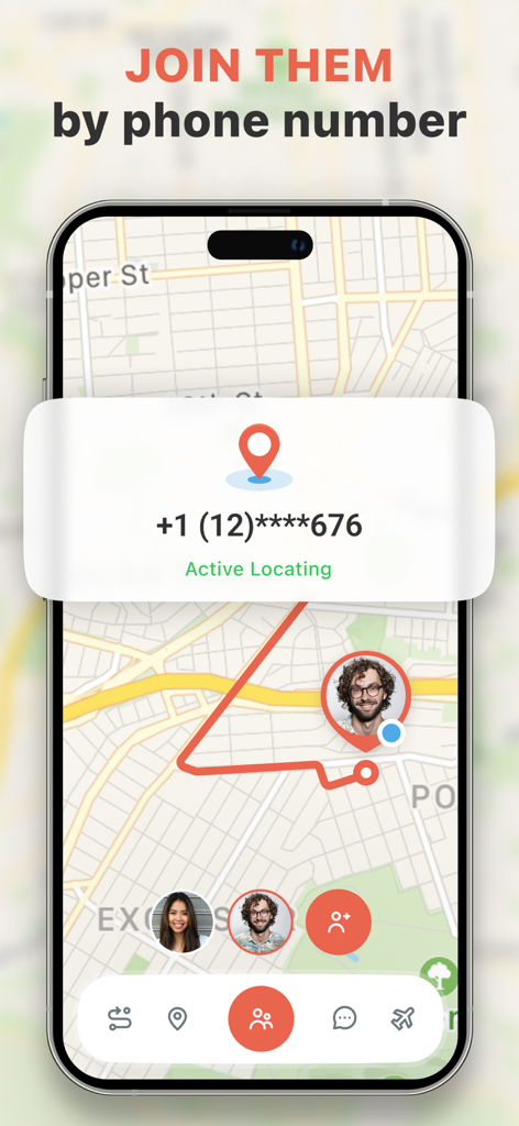 Find my Phone - Family Locator - Bildschirm der Familien-Ortungsgerät-App, der eine Karte mit aktiver Standortverfolgung nach Telefonnummer anzeigt.