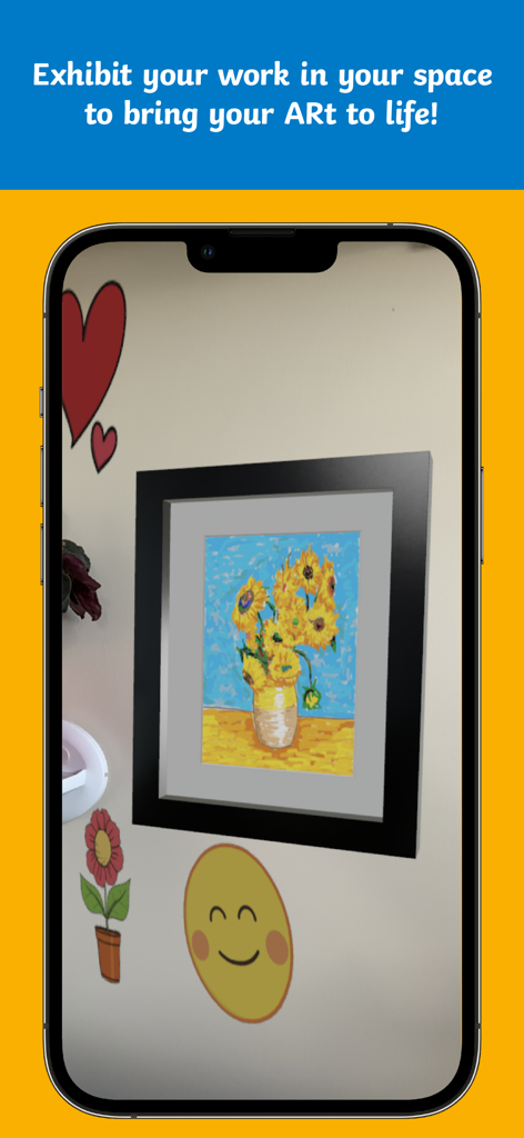 Twinkl ARt Studio - A smartphone screen showing a digital sunflower painting displayed on a real-world wall using augmented reality