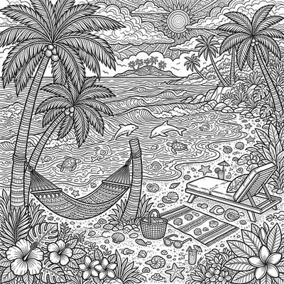 Immerse yourself in a beautifully detailed tropical beach scene, designed specifically for adult colorists seeking relaxation. Discover intricate palm trees, playful ocean creatures, and serene beach elements ready for your creative touch.
