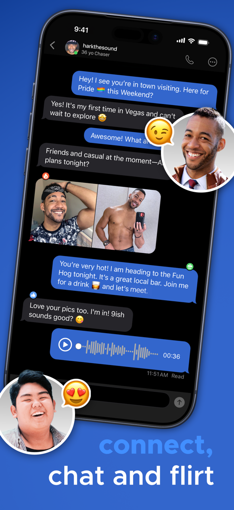 BiggerCity - Screenshot of the BiggerCity app showing a chat between two users with text, photos, and voice messages.