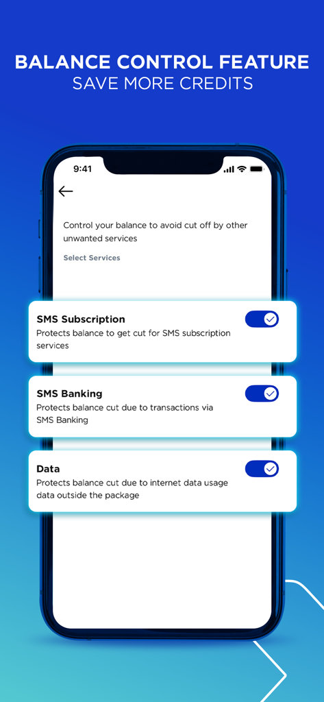 myXL–Cek Kuota & Beli Paket XL - Interface of the myXL app showing balance control settings for SMS subscriptions, SMS banking, and data usage to save credits.