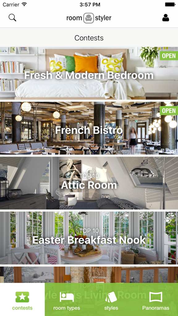 Interfaz de la aplicación Roomstyler que muestra varios concursos de diseño de decoración del hogar.
