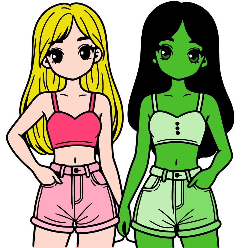 two sisters with crop tops and jean shorts and straight hair