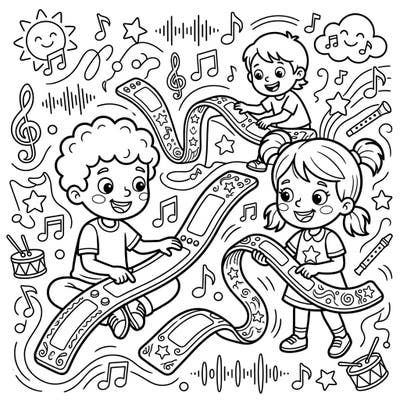 Let your little artists explore the world of music with this delightful ribbon controller coloring page. This vibrant design features happy kids making tunes, perfect for imaginative play and artistic expression.