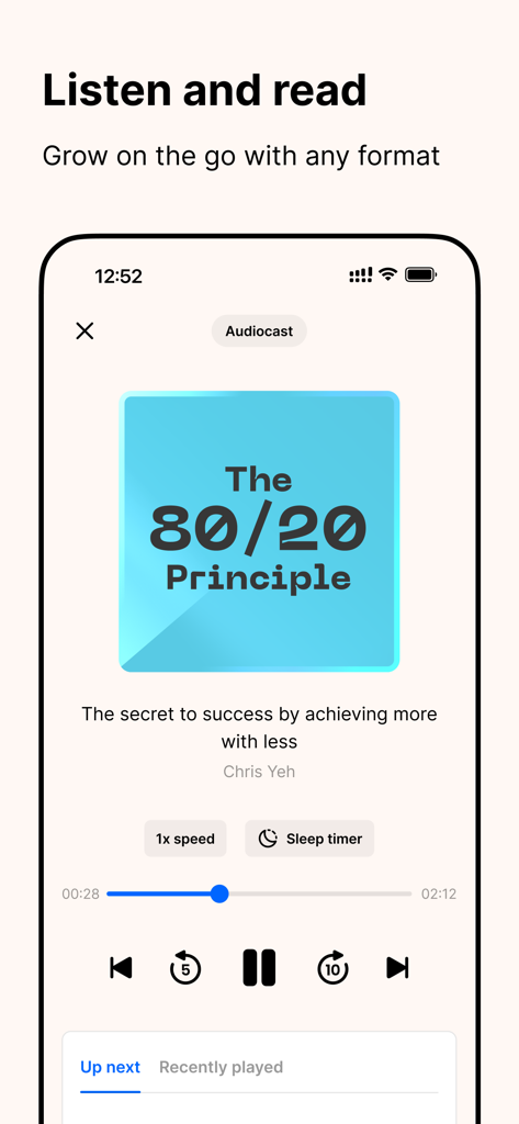 Interface du lecteur audio de l'application Headway montrant un résumé du Principe 80/20