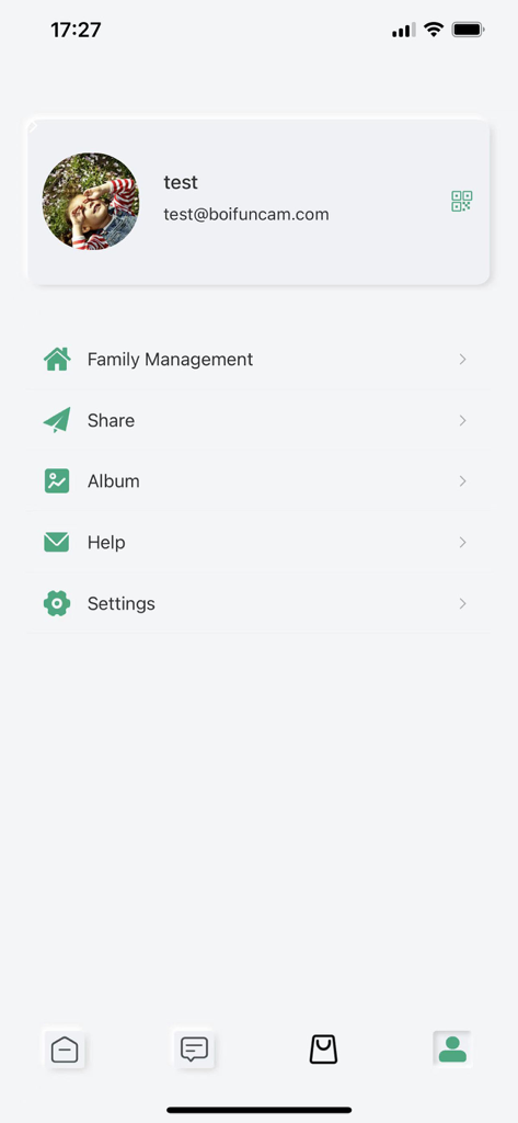 BoifunCam - BoifunCam App-Benutzerprofil-Bildschirm mit Kontoinformationen und Menüoptionen wie Familienverwaltung und Einstellungen.