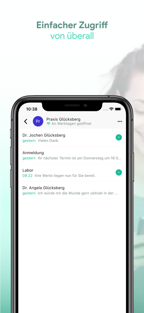 PatMed mobile app interface displaying secure messages from a medical practice about appointments and lab results
