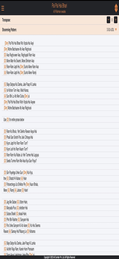 Indichords mobile app interface showing guitar chords and lyrics for a Hindi song with strumming patterns and transpose features