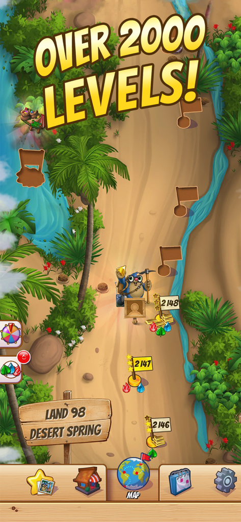 Cascade Gem & Jewel Adventure - Level progression map in Cascade Gem and Jewel Adventure showing over 2000 levels and Jasper the mole