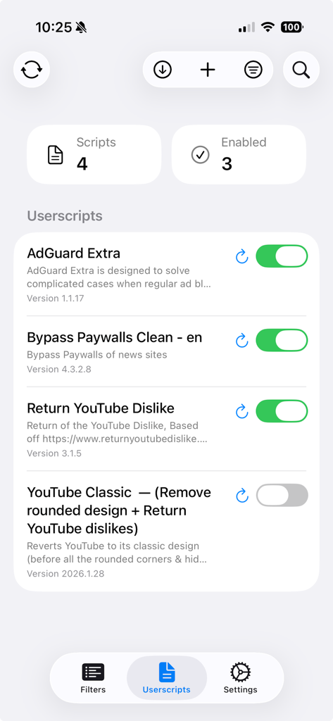wBlock - wBlock app interface showing a list of enabled userscripts for Safari