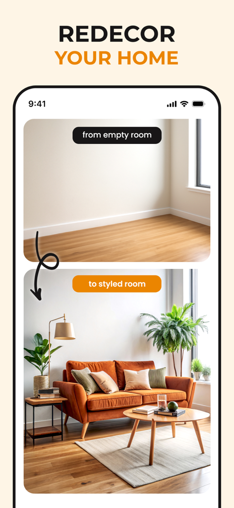 Before and after comparison of an empty room and a styled living room using AI design