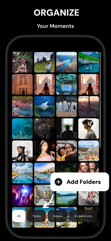 Photokit: Photo Gallery - Photokit app photo gallery grid with organize moments title and folder management options