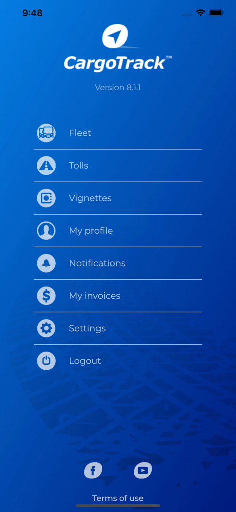 Main menu of the CargoTrack GPS app showing fleet management and navigation options