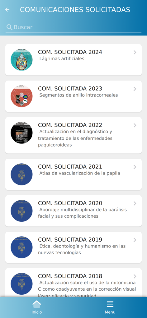 Lista de publicaciones médicas anuales en la aplicación Biblioteca SEO de la Sociedad Española de Oftalmología