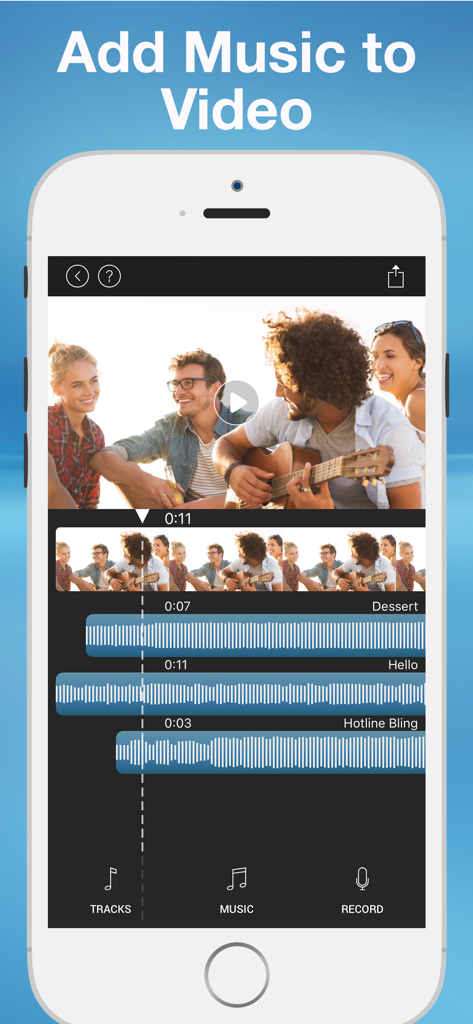 Add Music to Video, Maker - iPhone screen showing a video editing app with multiple music track layers like Dessert and Hotline Bling being added to a video clip