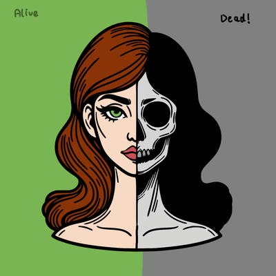 bust of a woman, half face and hair, half skull