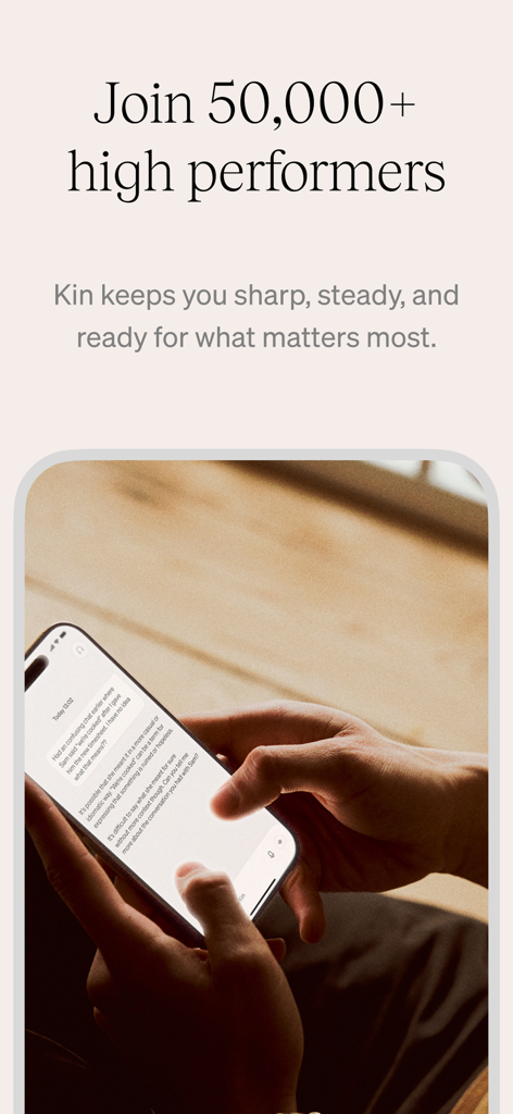 Kin: Personal AI Advisors - Person holding an iPhone using the Kin Personal AI Advisors app with text Join 50000 plus high performers