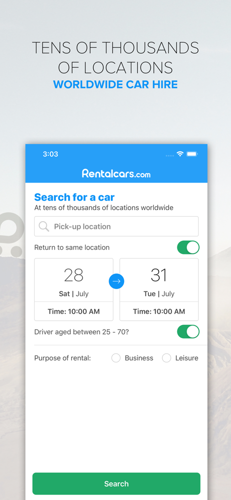렌탈카스 모바일 앱 검색 화면, 전 세계 렌터카, 위치 및 날짜 선택 기능