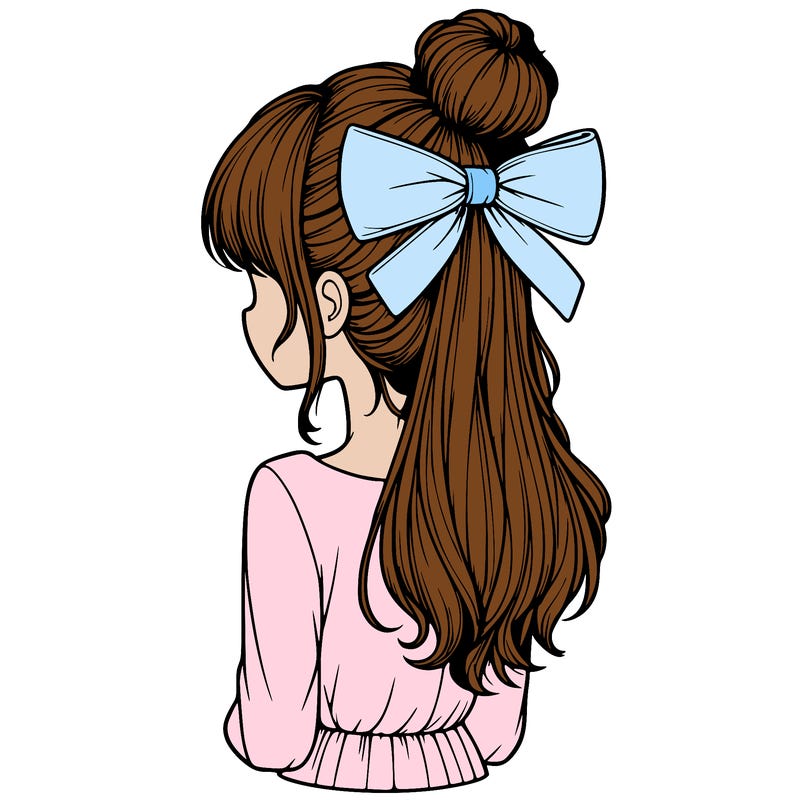 realistic girl  with hip length hair a bun and a big bow on the back of head