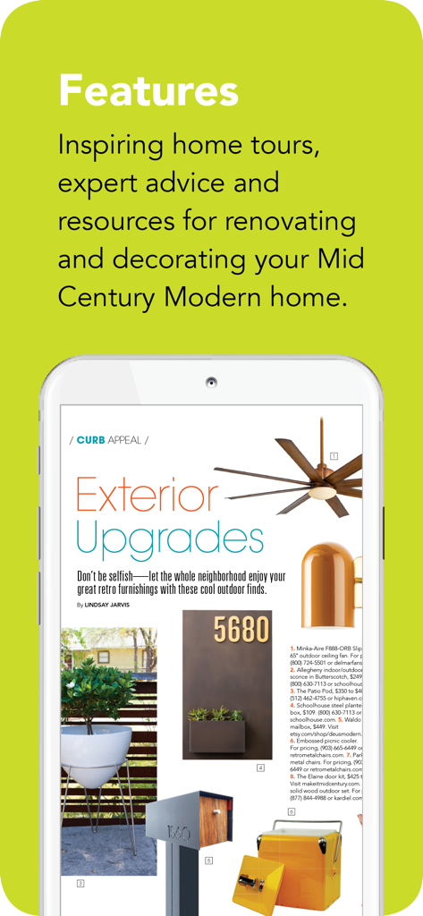 Atomic Ranch app features screen showing mid century modern renovation and design advice
