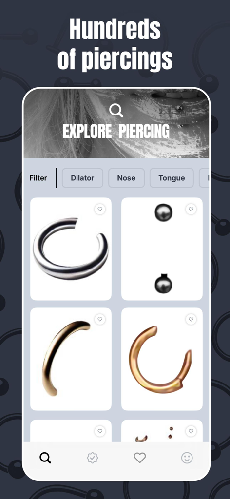 バーチャル試着用のリングやスタッドを含むさまざまなピアスのスタイルのギャラリーを表示するモバイルアプリのインターフェイス
