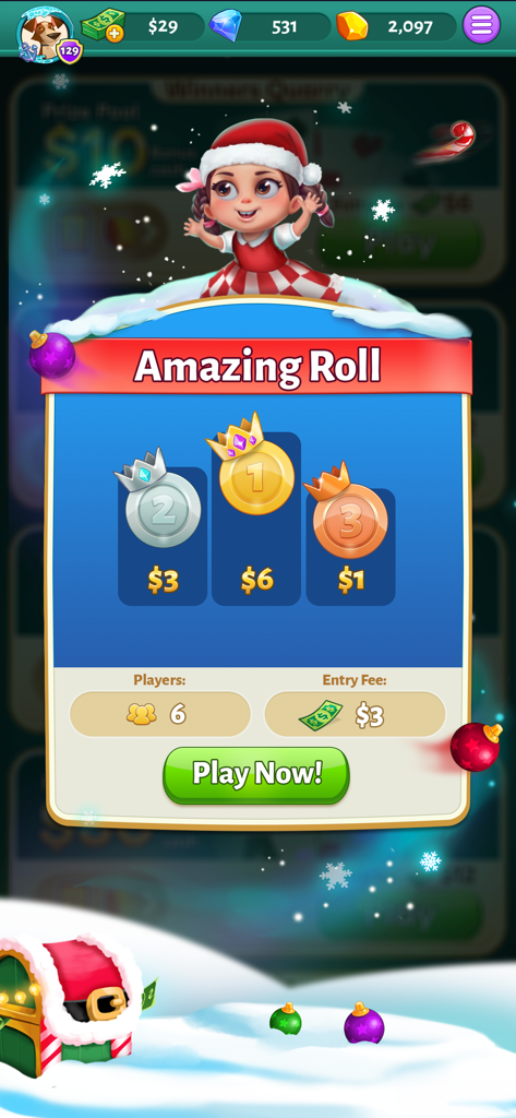 Solitaire Cash - Écran de jeu Solitaire Cash montrant le tournoi 'Amazing Roll Christmas' avec des prix en argent pour les meilleurs joueurs
