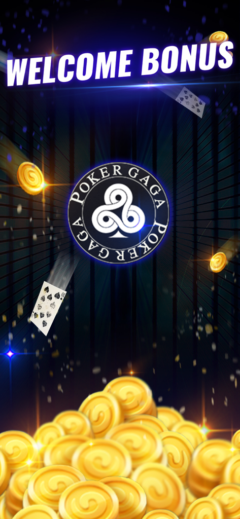 PokerGaga welcome bonus screen with falling gold coins and playing cards