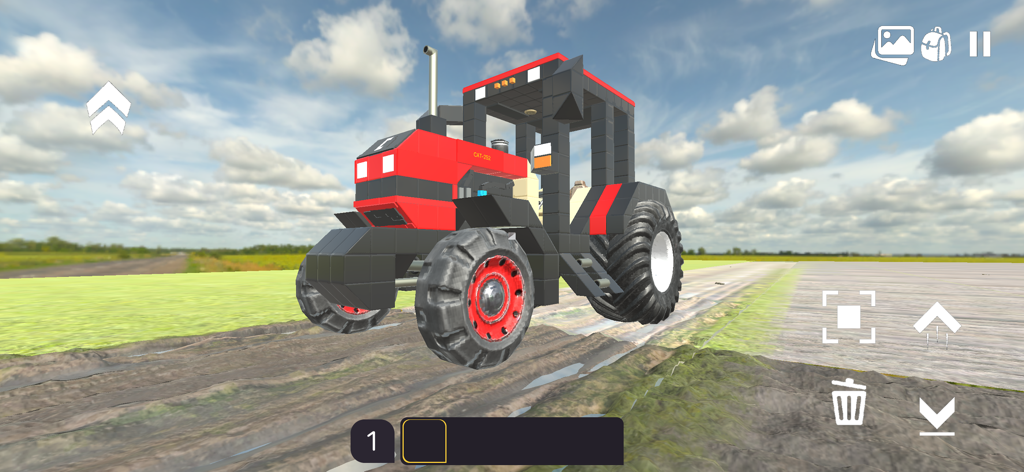 A red and black blocky tractor built in the Evertech Sandbox engineering game