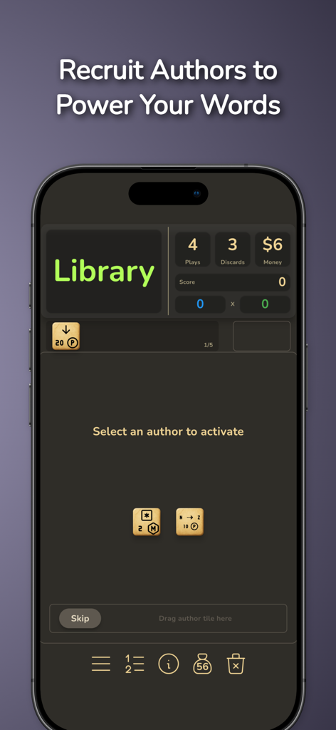 Prosaic - Roguelike Word Game - Prosaicのゲームプレイ画面。ユーザーが言葉を強化する著者を採用できるライブラリ画面が表示されています。