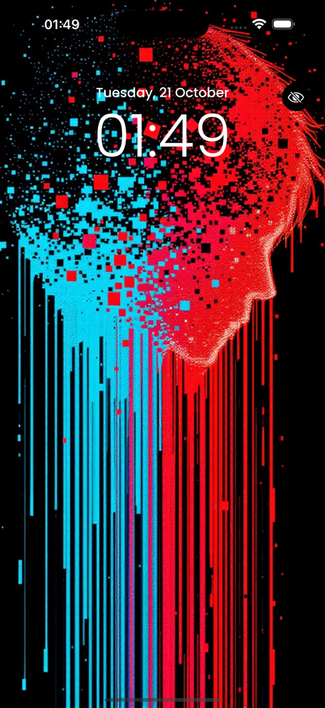 Anime Live Wallpaper 4K! - Red and blue glitch art anime character profile on an iPhone lock screen