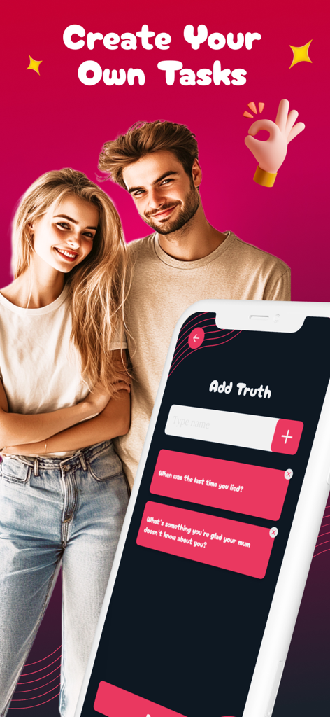 Truth or Dare? ⋆ Dirty Date - A smartphone screen showing the custom task creation feature of the Truth or Dare app with a couple in the background.