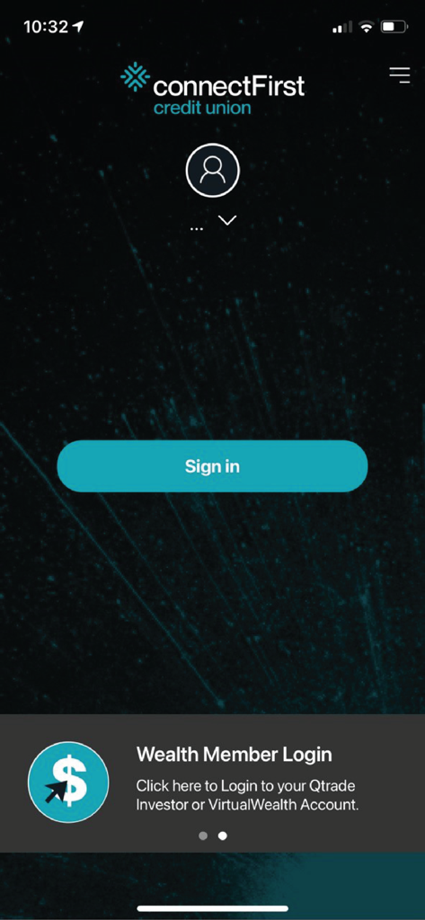 Connect First Credit Union mobile app login screen with a blue sign in button