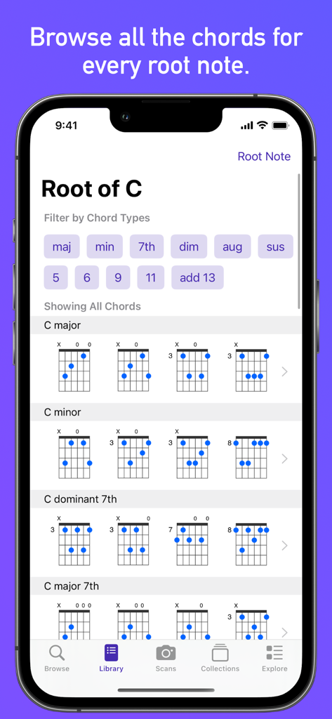 GtrLib Chords - Interface of the GtrLib Chords app displaying various guitar chord diagrams for the root of C with filtering options.
