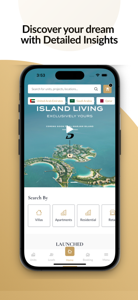 DAMAC 360 - DAMAC 360 app interface showing luxury property search options for villas and apartments