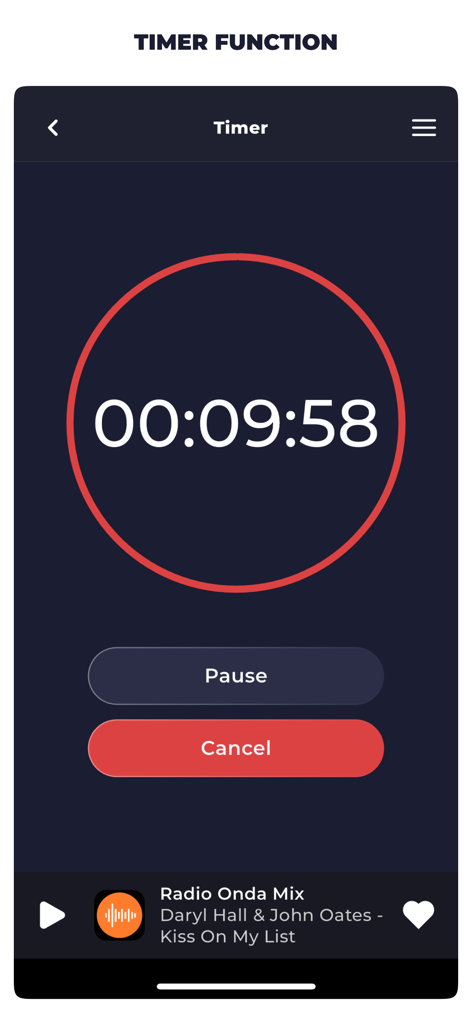 Radio El Salvador Live FM AM - Interfaz que muestra la función de temporizador para dormir en la aplicación Radio El Salvador con una pantalla de cuenta regresiva.