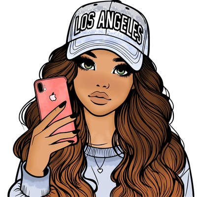 realistic beautiful girl wearing los ángeles cap holding an iphone