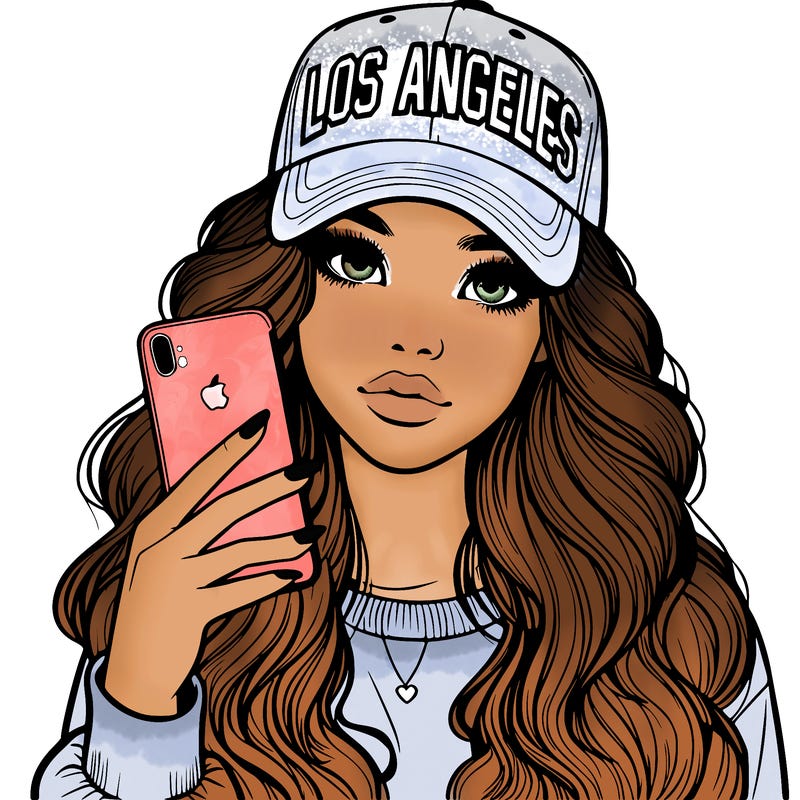 realistic beautiful girl wearing los ángeles cap holding an iphone