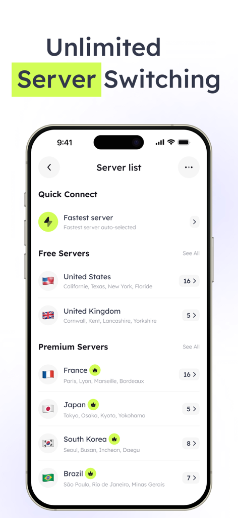 Binwiz VPN server list interface showing global free and premium server options for unlimited switching