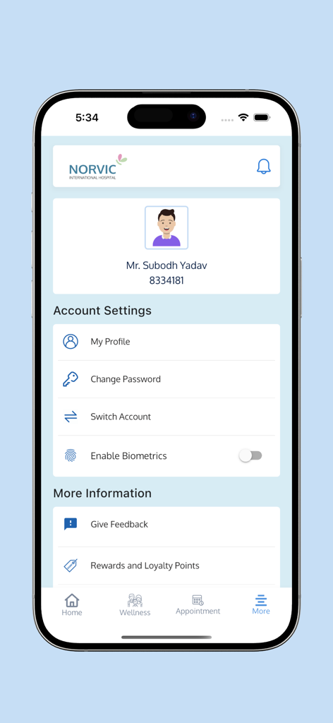 Norvic Care - Norvic Care app account settings screen showing user profile and security options